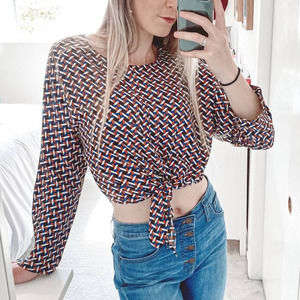 NEW Dress Forum Vintage Retro Print Tie Front Crop Top S Rust Brown Blue